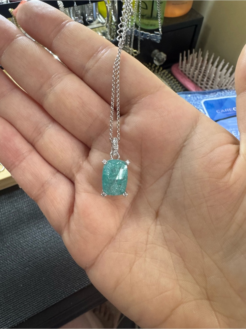 bp Silver Necklace with Teal Cushion Gemstone Pendant